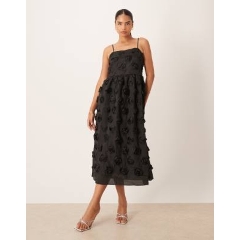 YAS premium 3D floral applique midi dress in black