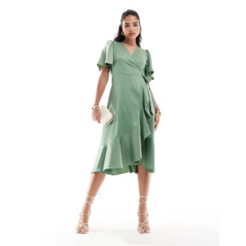 YAS satin wrap midi dress in green