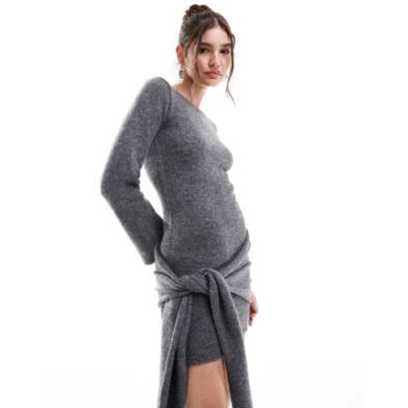 4th & Reckless knit wide sleeve knot detail mini sweater dress in gray
