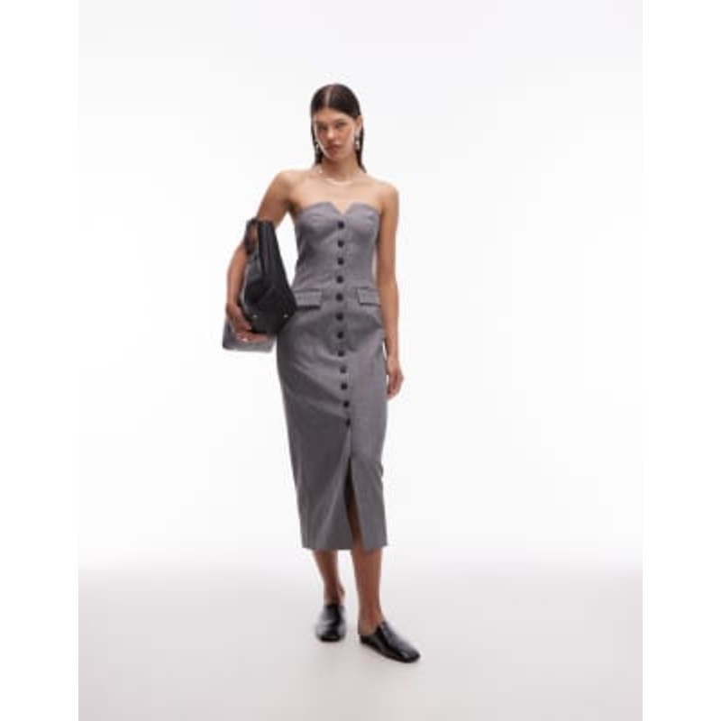 4th & Reckless tailored bandeau button front pocket detail midi dress in gray