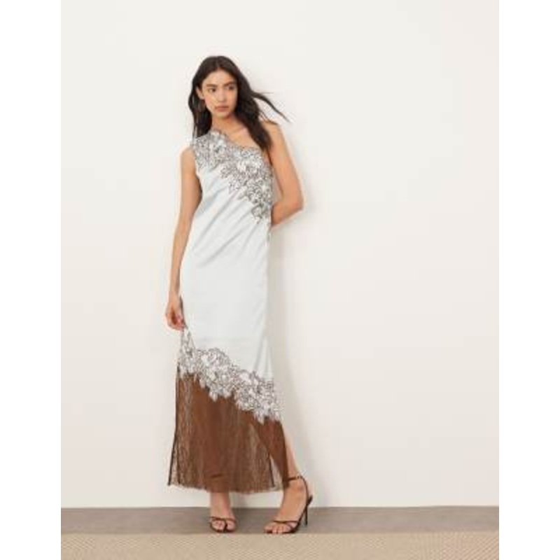 ARRANGE applique embroidered lace paneled one-shoulder column maxi dress in blue
