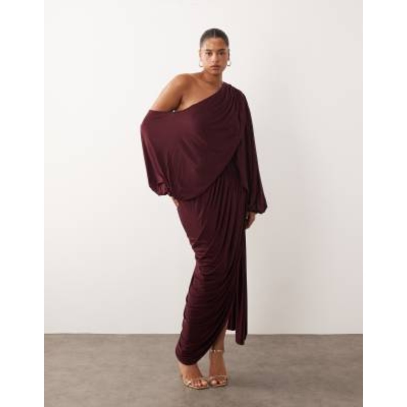 ARRANGE Curve fallen shoulder draped midi dress with train in burgundy