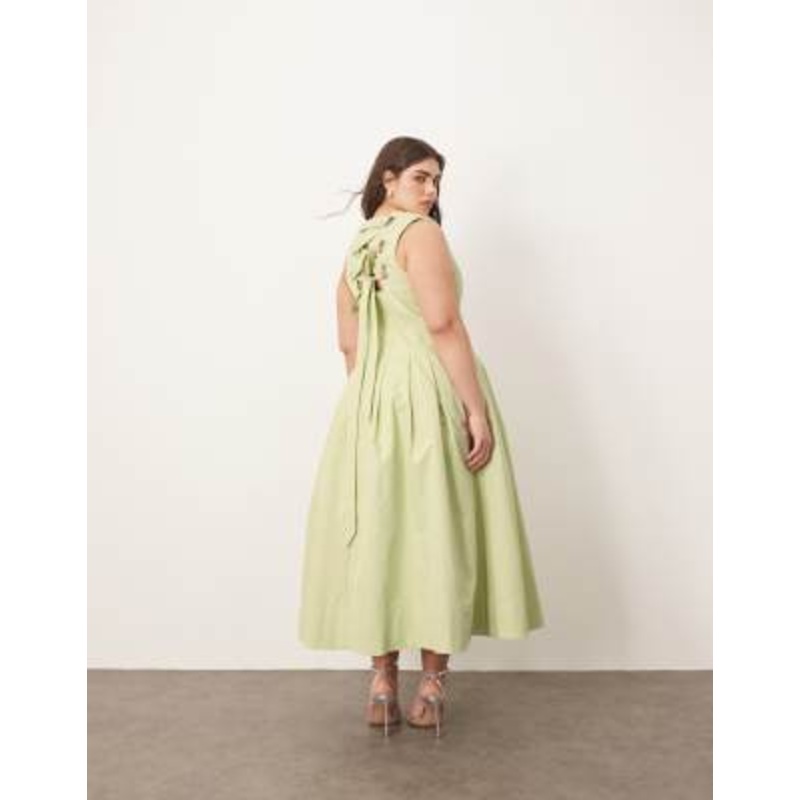 ARRANGE Curve structured plunge midi dress with eyelet detail in pistachio green