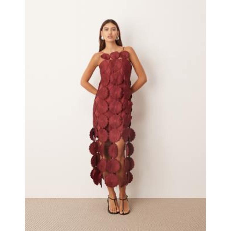 ARRANGE cutwork floral midi dress with fringe hem in burgundy