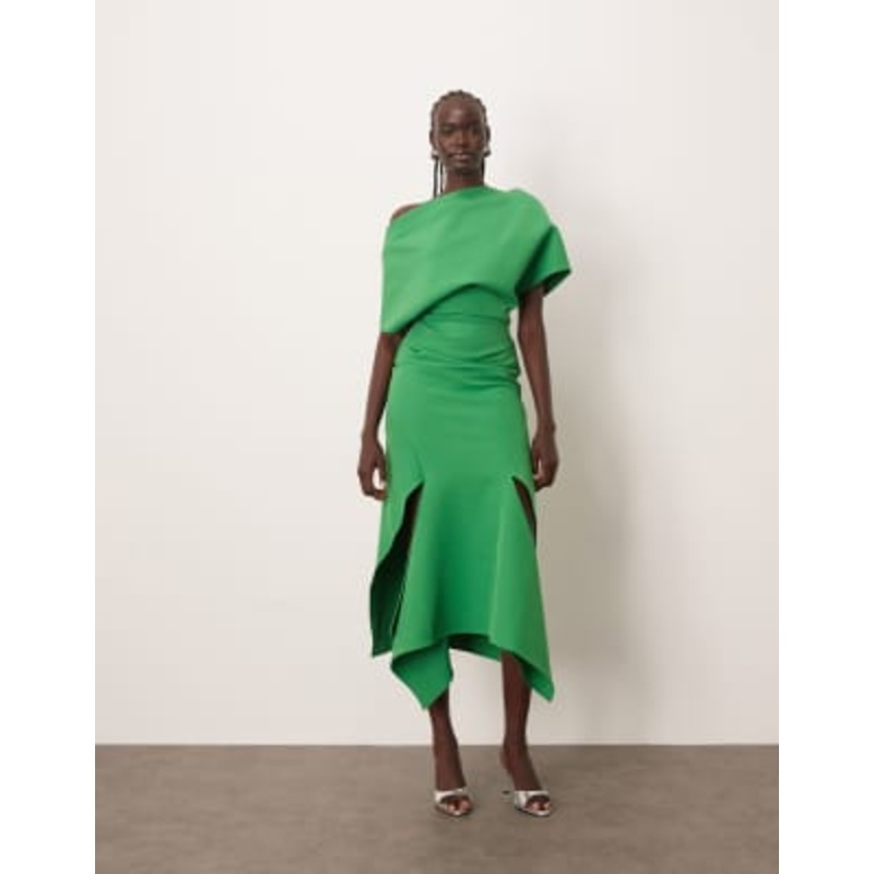 ARRANGE draped bodice square cut hem midi dress in green