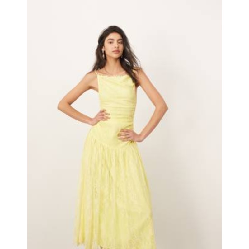 ARRANGE lace ruched dropped waist midi dress in lemon