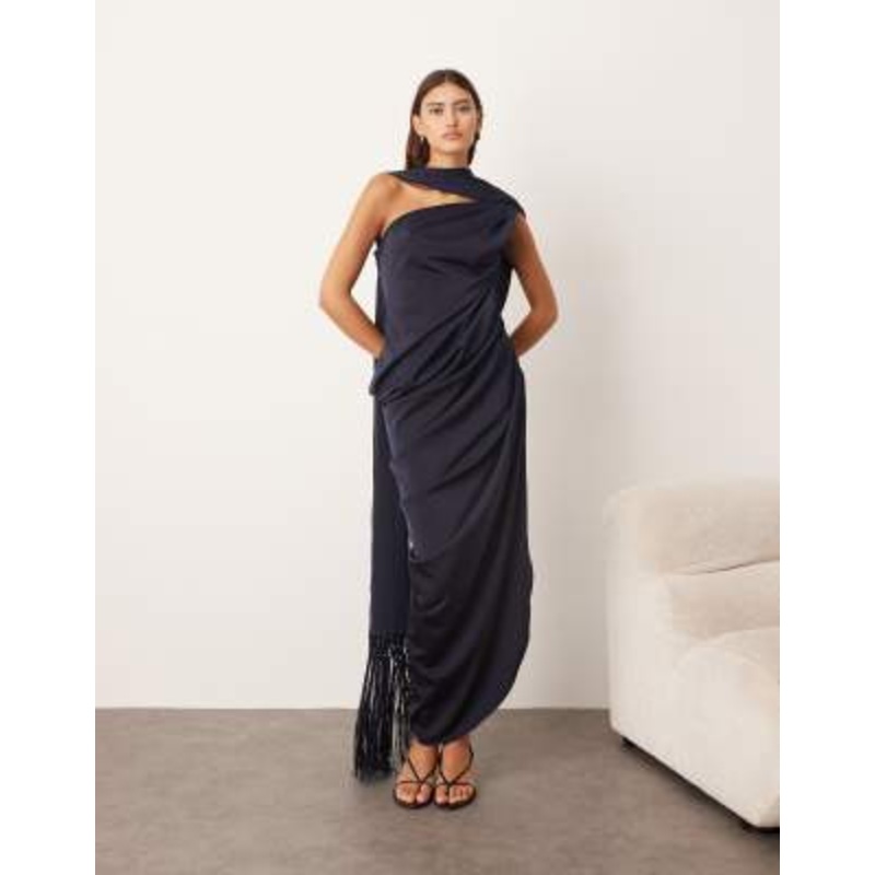 ARRANGE scarf neck draped maxi dress with low back and train in navy