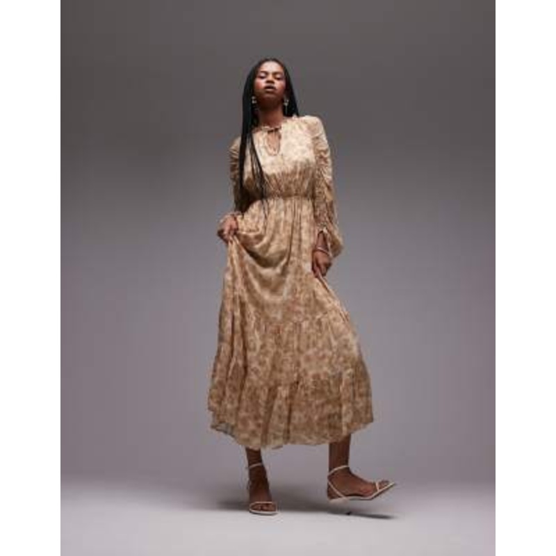 & Other Stories drapey midaxi dress with ruche tie volume sleeves in soft abstract print