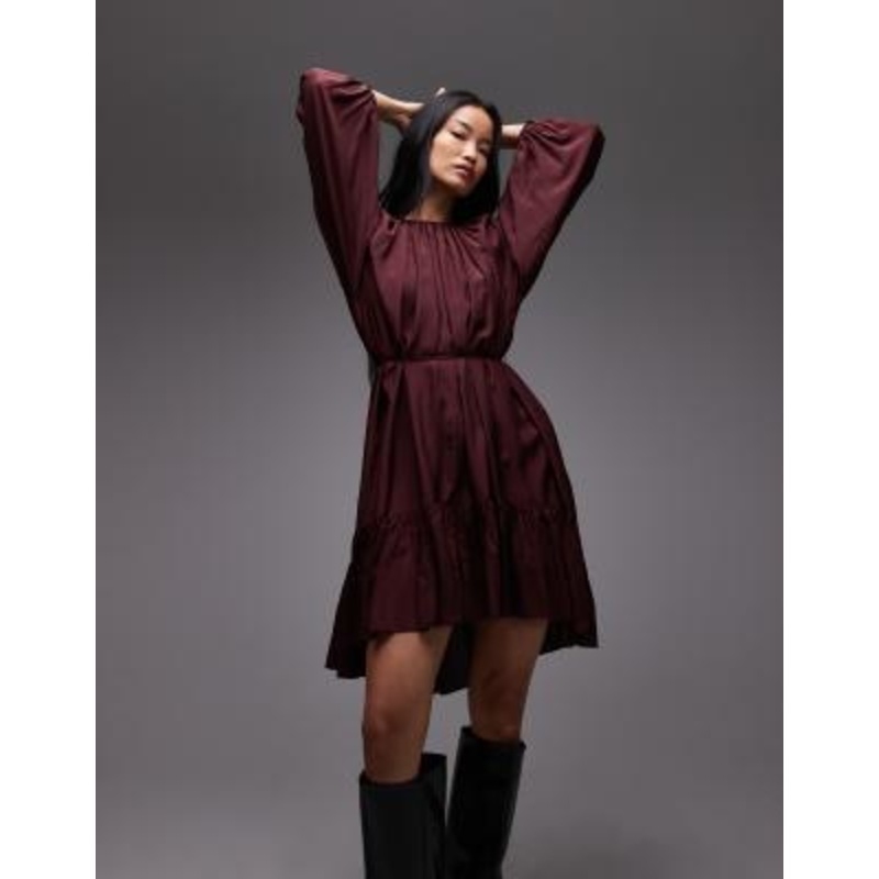 & Other Stories long sleeve floaty midi dress with ruffle detail in burgundy