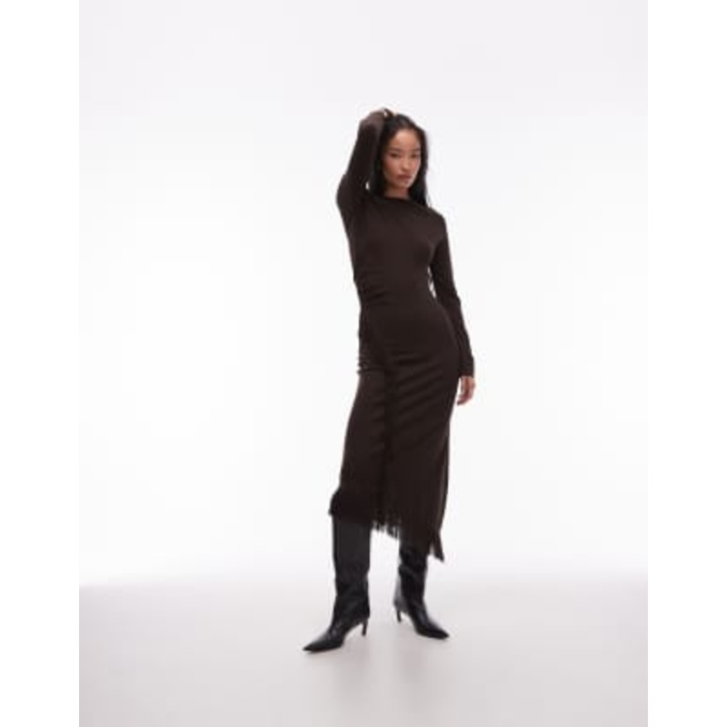 & Other Stories midaxi dress with fringe wrap asymmetric hem in dark brown