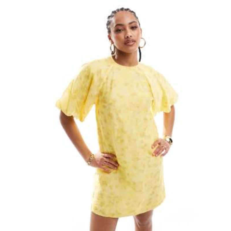 & Other Stories mini dress with short volume puff sleeves in yellow floral print