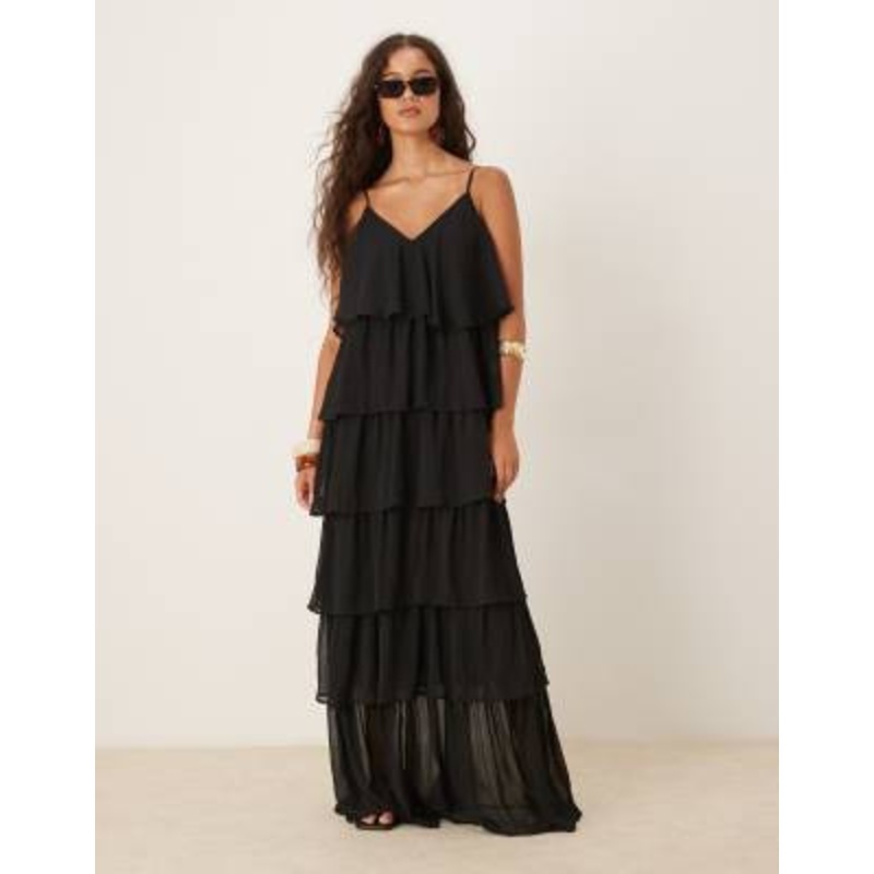 Vila cami ruffle maxi dress in black