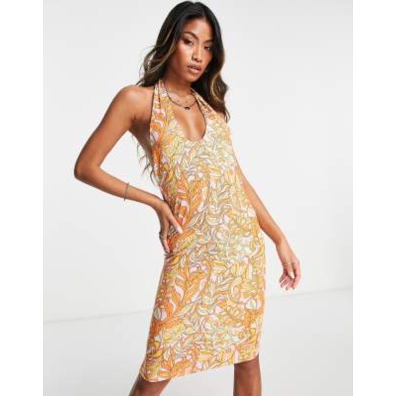 Vila halterneck crossed neck mini jersey dress in bright floral print