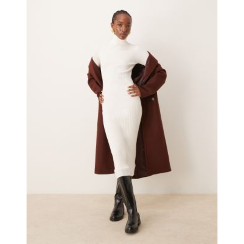 Vila roll neck long sleeve ribbed midi dress in cream