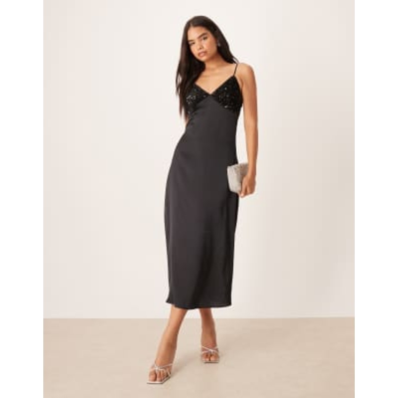 VILA satin midi dress with sequin bust in black