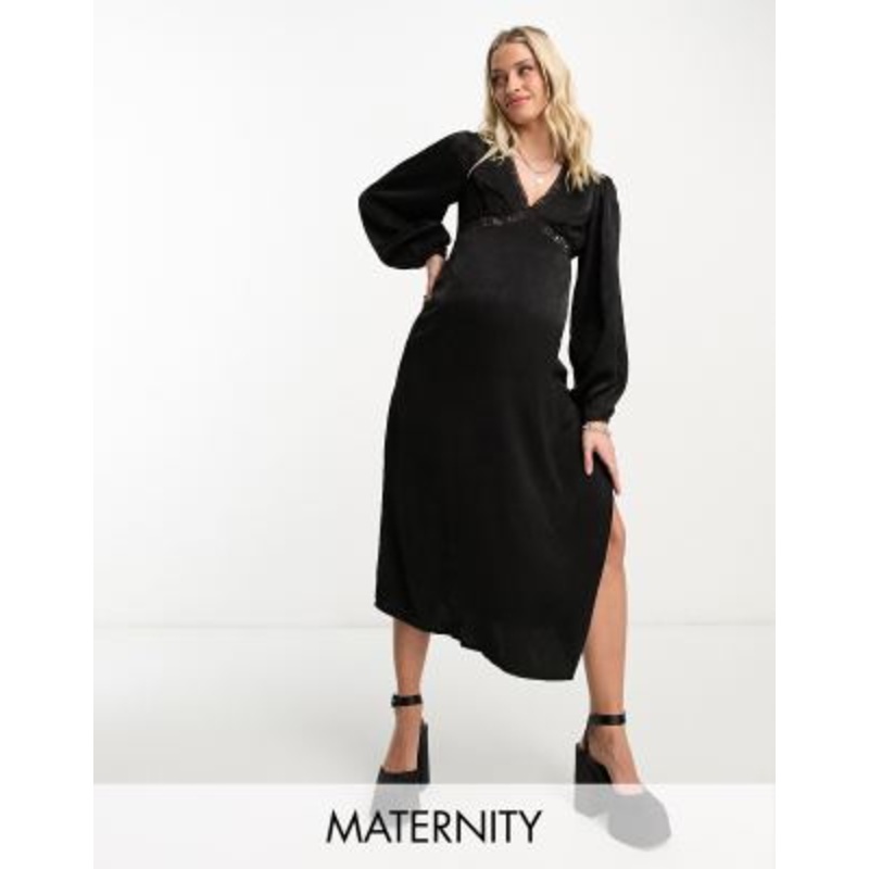Violet Romance Maternity satin midi dress with lace inserts in black