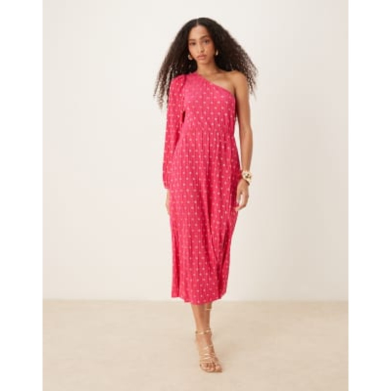 YAS foil polka dot plisse one shoulder maxi dress in pink