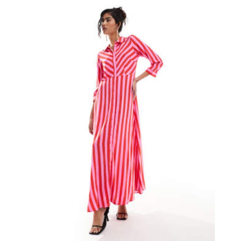YAS maxi shirt dress in pink and red stripe