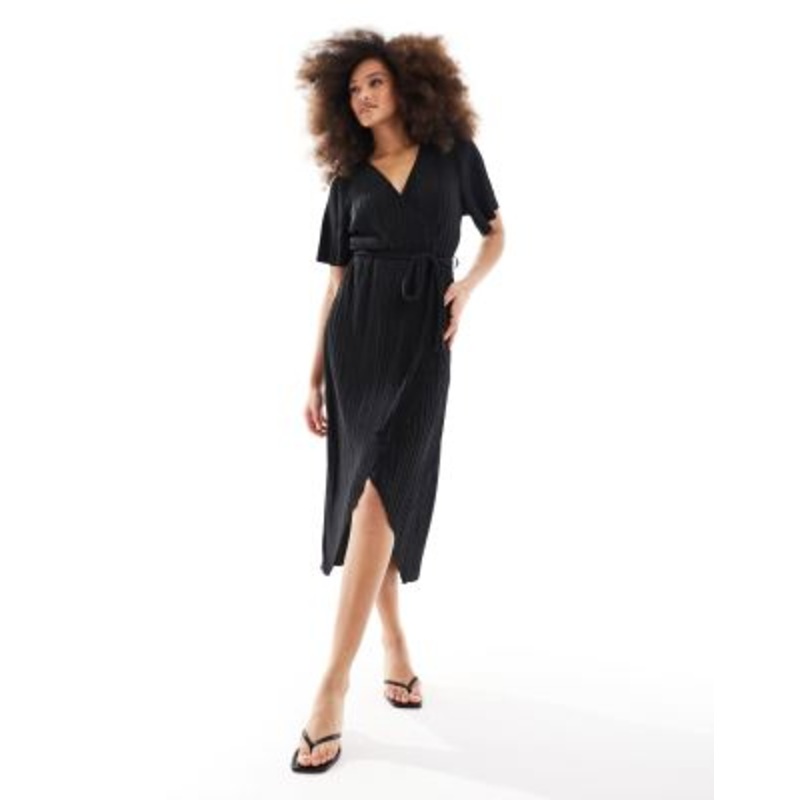 YAS plisse wrap midi dress in black
