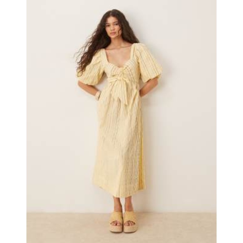 YAS puff sleeve bow front textured midi dress in yellow