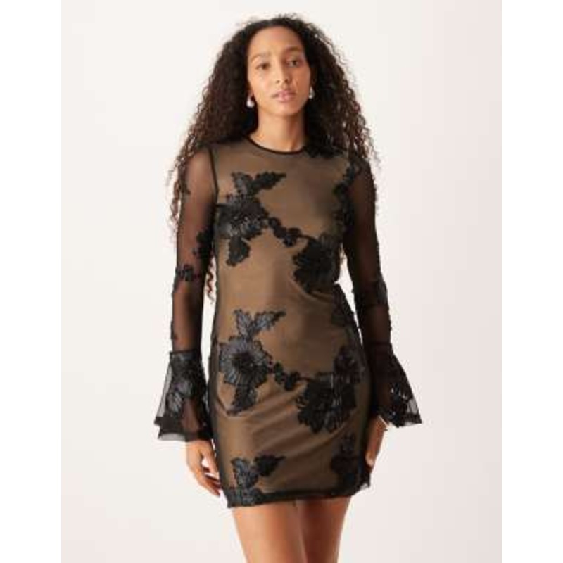 Amy Lynn 3D bell sleeve mini dress with cut-out back in black