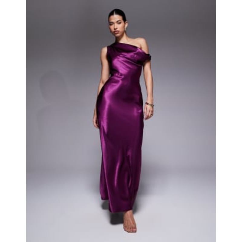 Aria Cove satin drape asymmetric shoulder maxi dress in plum