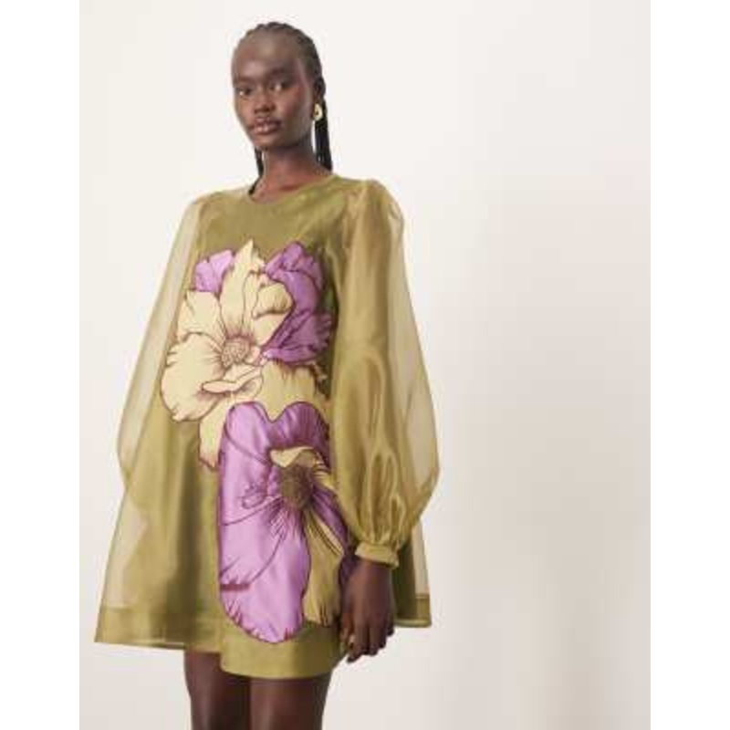 ARRANGE applique floral volume sleeve a-line mini dress in green