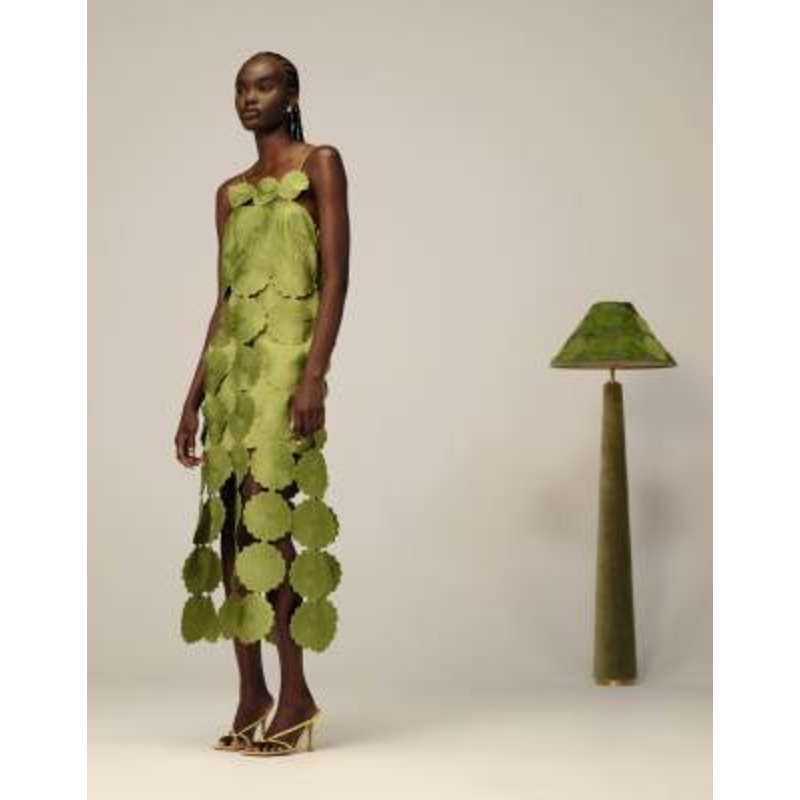 ARRANGE cutwork floral midi dress with fringe hem in olive green