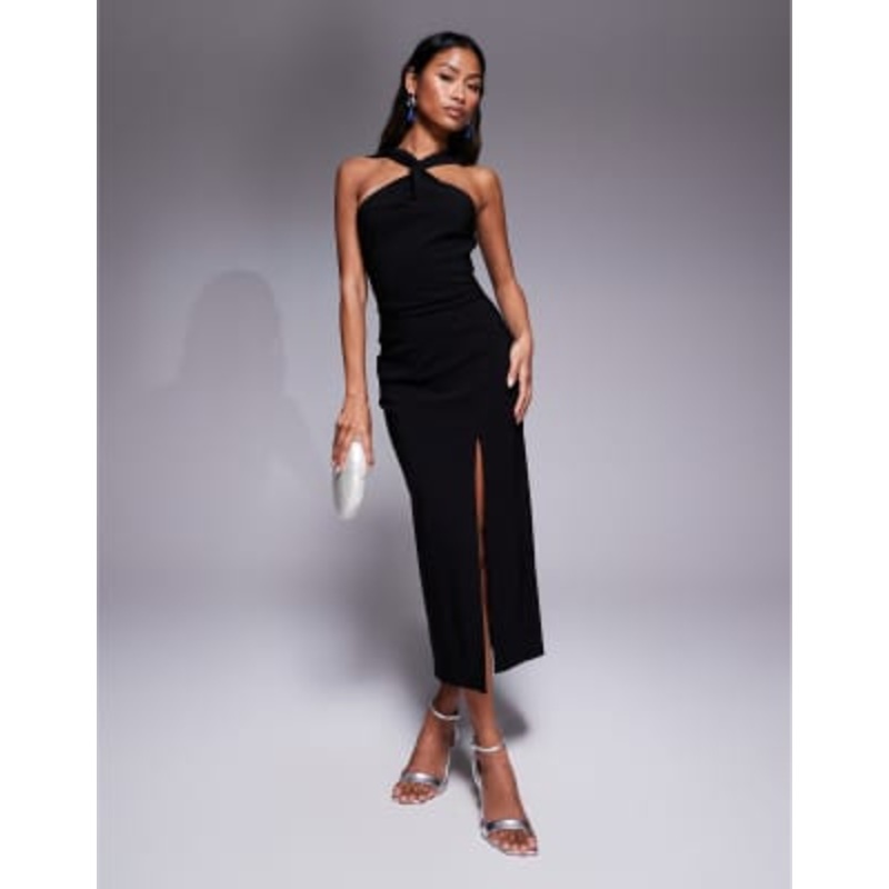 Vesper bengaline twist front halter neck side slit midaxi dress in black