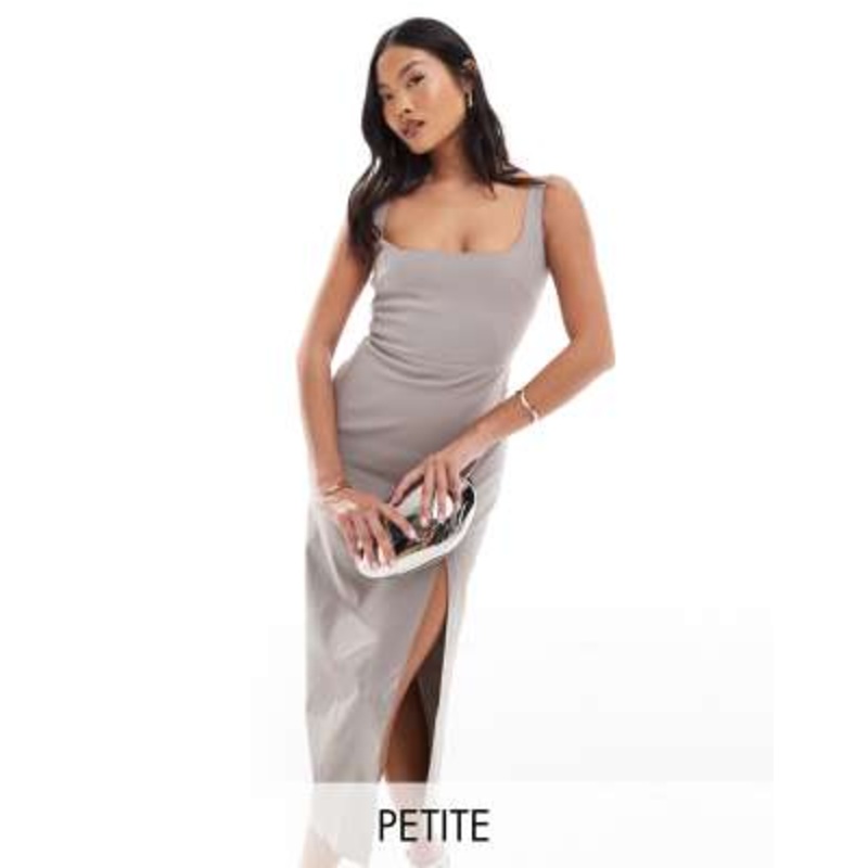Vesper Petite bengaline exclusive sleeveless bodycon thigh slit midi dress in stone gray