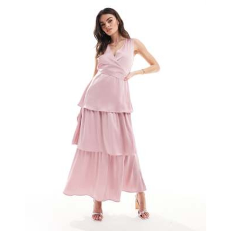 Vila Bridesmaid satin tiered maxi dress with tie belt in light pink
