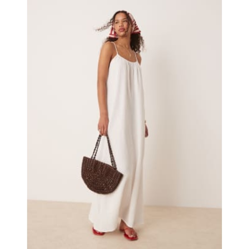 VILA crinkle cotton maxi cami slip dress in white