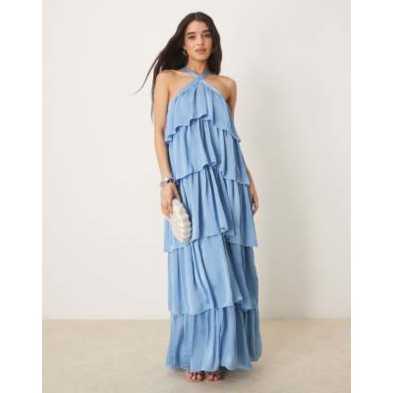 VILA halter neck tiered ruffle maxi dress in blissful blue