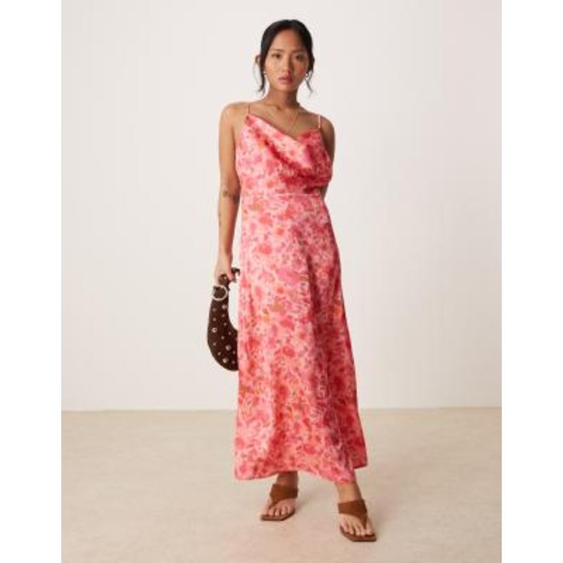 Vila Petite satin cami maxi dress in pink floral print