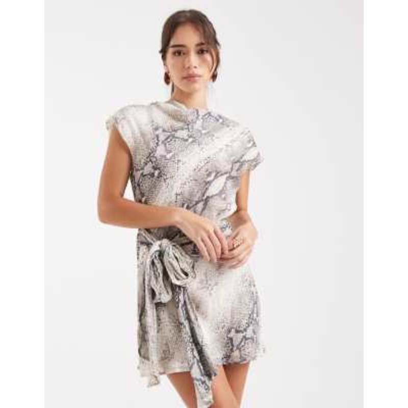 VRG GRL snake print tie detail dress in neutral