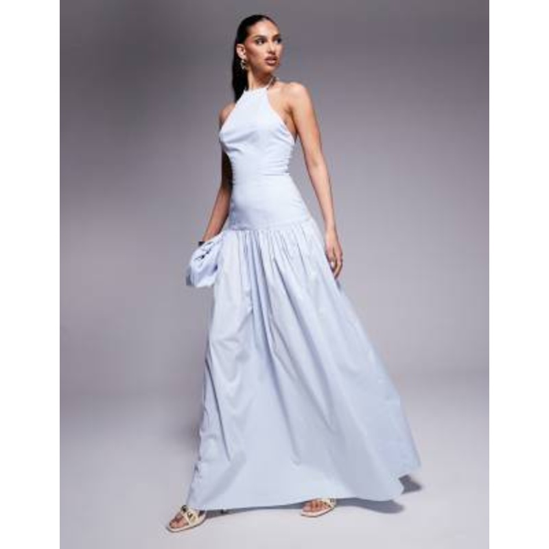 Wanderdoll Kylie poplin halterneck dropped waist maxi dress in baby blue