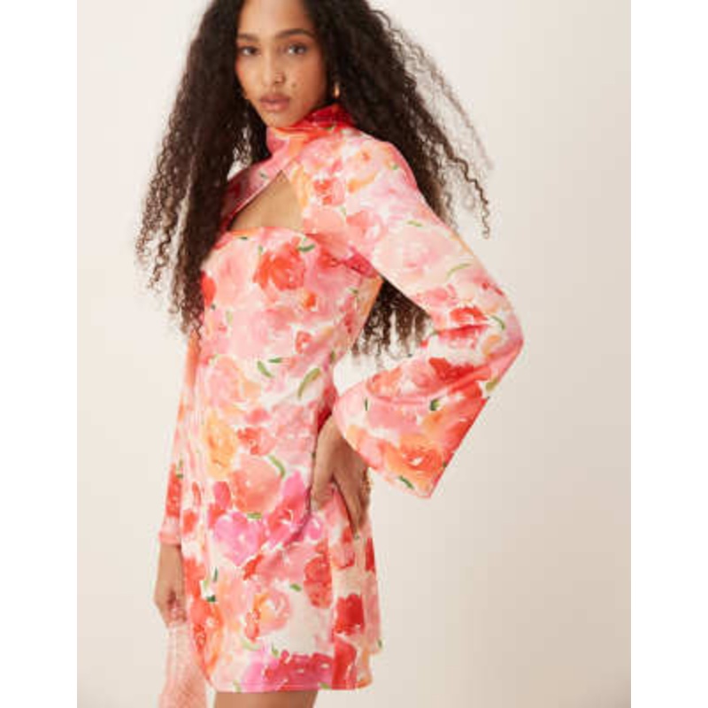 YAS high neck cut out satin mini dress in floral print