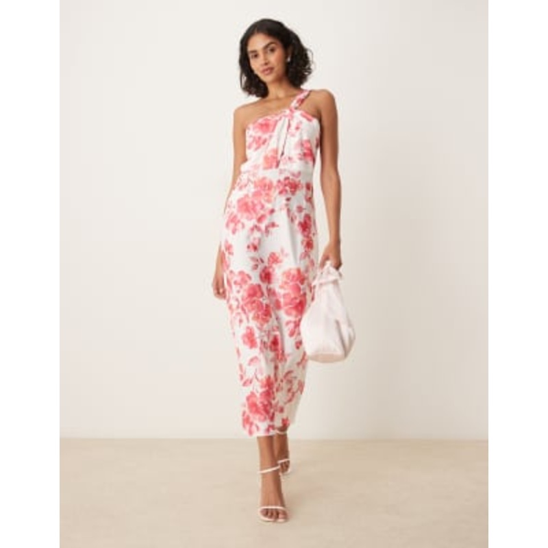 YAS one shoulder red floral satin midaxi dress in white