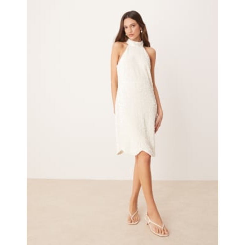 YAS textured sequin high neck mini dress in white