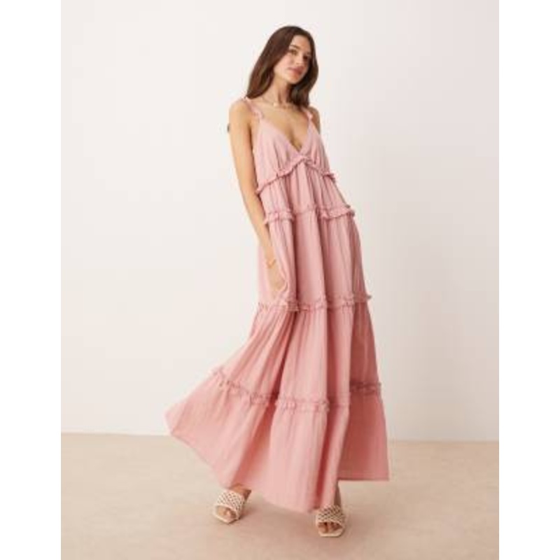 YAS tiered ruffle detail cami maxi dress in dusty pink