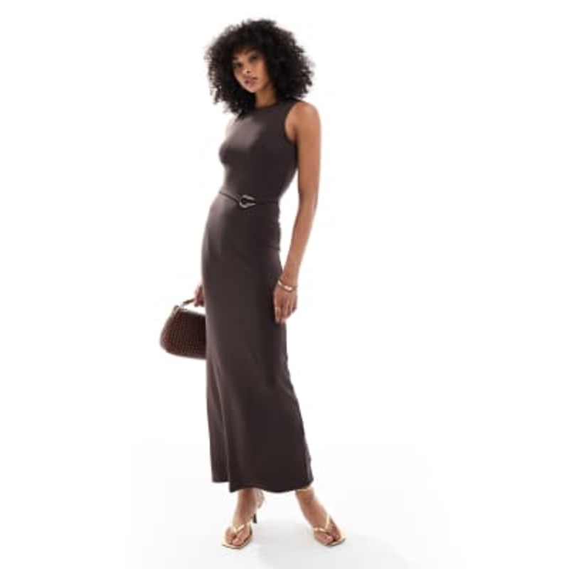 4th & Reckless gold hardware belt detail sleeveless maxi dress in chocolate