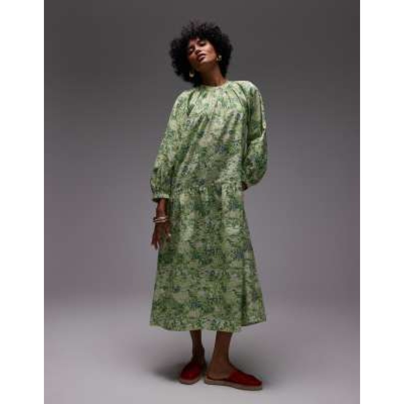 ARKET pure cotton smock midaxi dress with drop waist in green leaf print