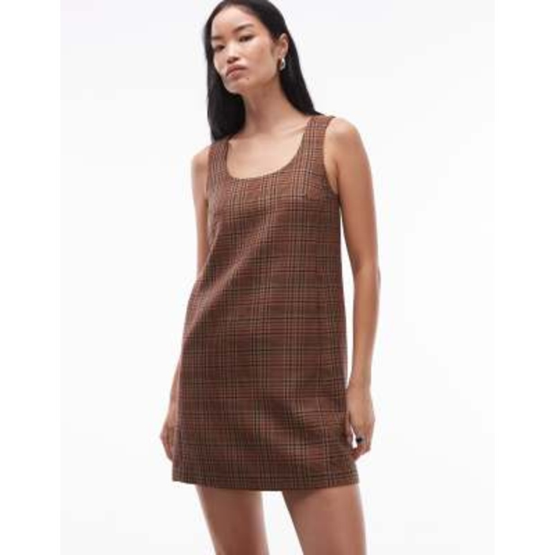 ARKET wool blend sleeveless mini shift dress in brown plaid