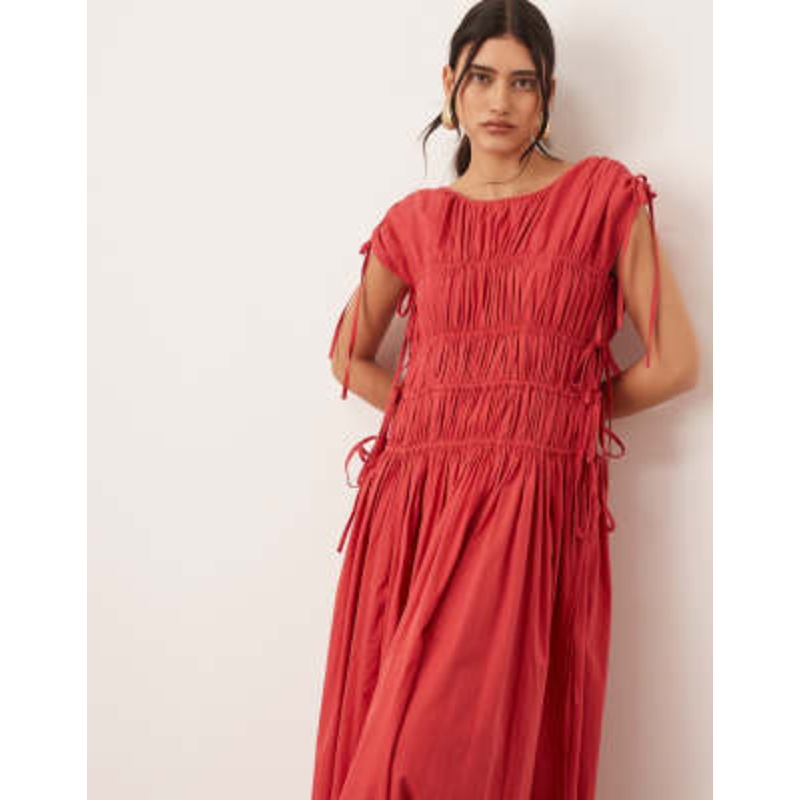 ARRANGE clean cotton drawstring detail trapeze midi dress with pockets in washed red