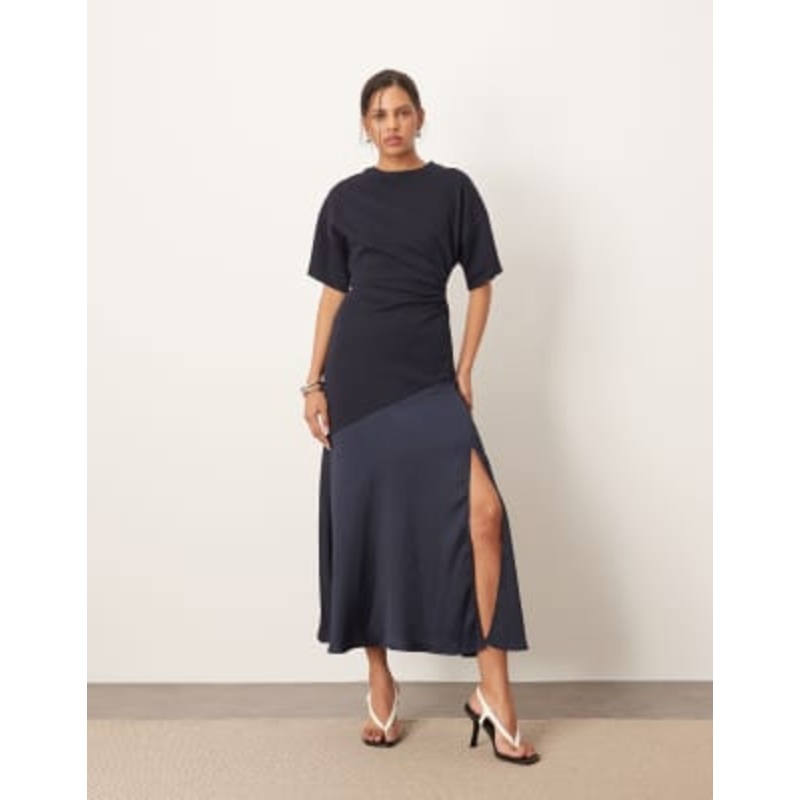 ARRANGE premium jersey and satin hybrid maxi dress in navy