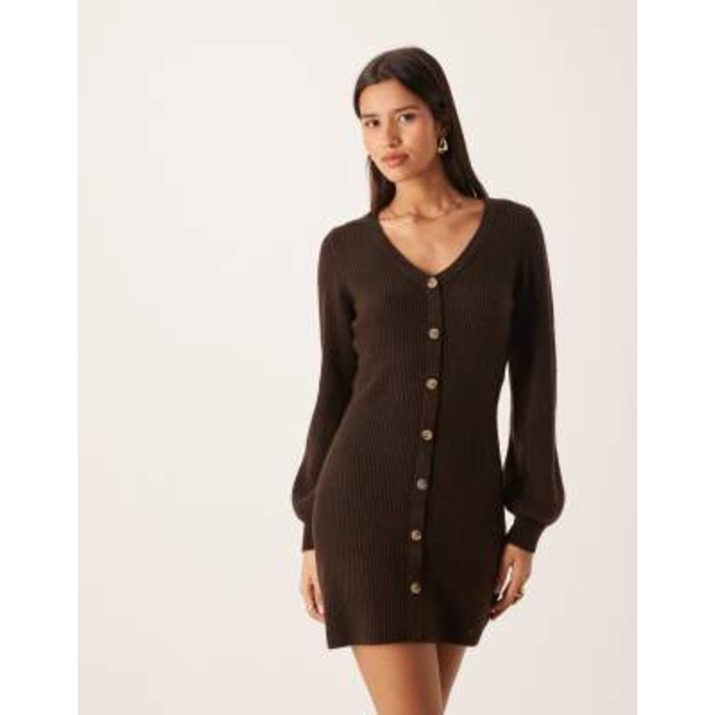 AWARE knit button front mini dress in chocolate