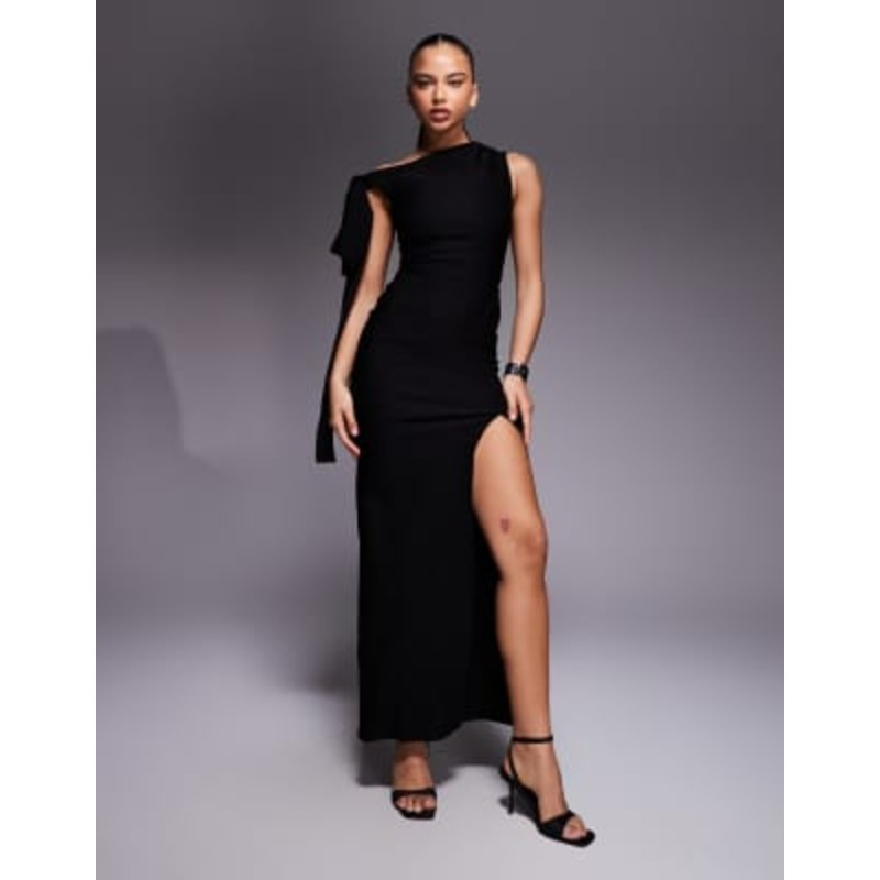 Vesper bengaline off shoulder drape detail maxi dress in black