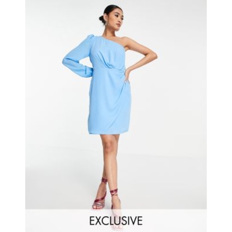 Vila exclusive one shoulder mini wrap dress in bright blue