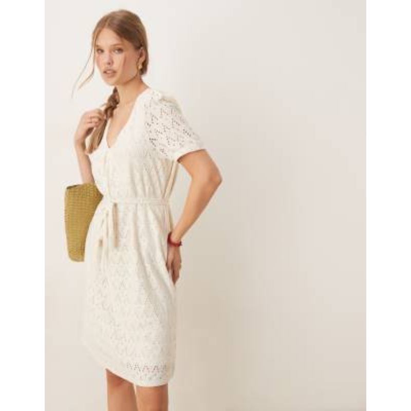 VILA jersey broderie tie waist puff sleeve dress in cream