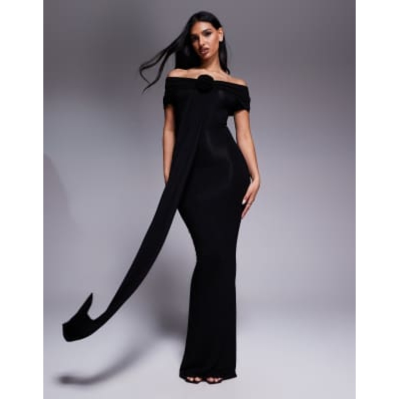 Wanderdoll Belle sculpting second skin bardot drape detail bodycon maxi dress in black